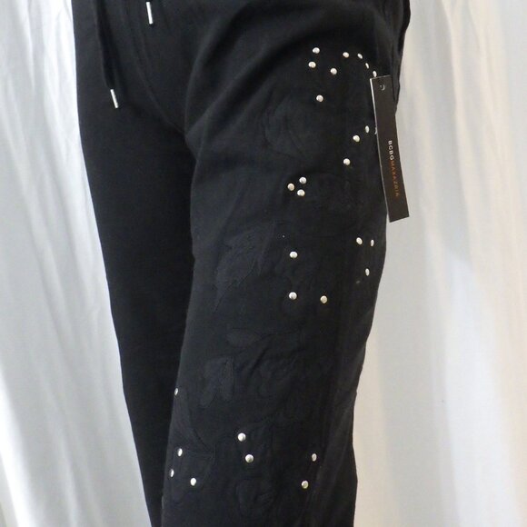 NWT BCBG sz SM MED LG XL BLK ON BLK APPLIQUE 100% COTTON 2 PIECE TRACKSUIT - Picture 16 of 16